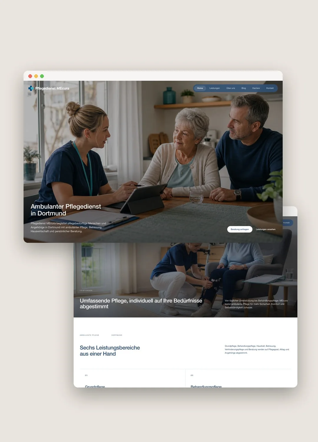 Website des Pflegedienstes MEcura: Startseite und Leistungsseite