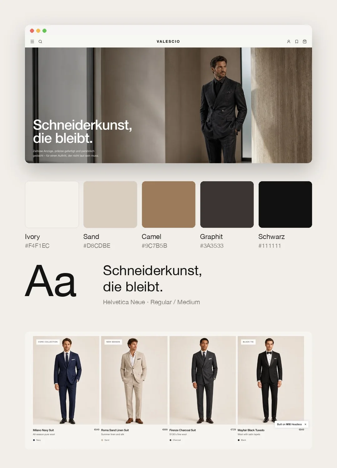Designsystem von Valescio mit Startseite, Markenfarben, Typografie und Produktkarten