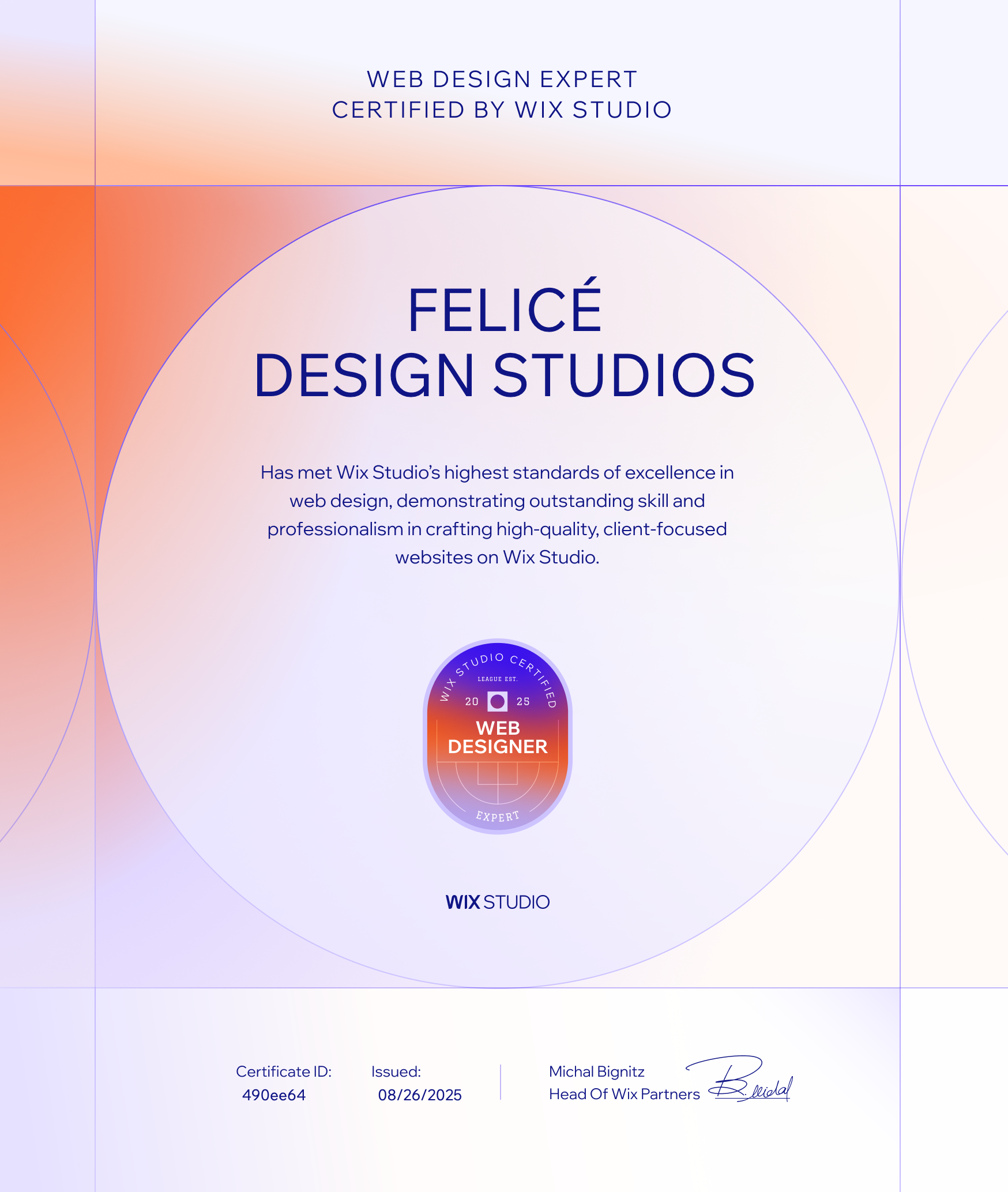 Wix Studio League 2025 Web Design Expert certificate for Felice Design Studios